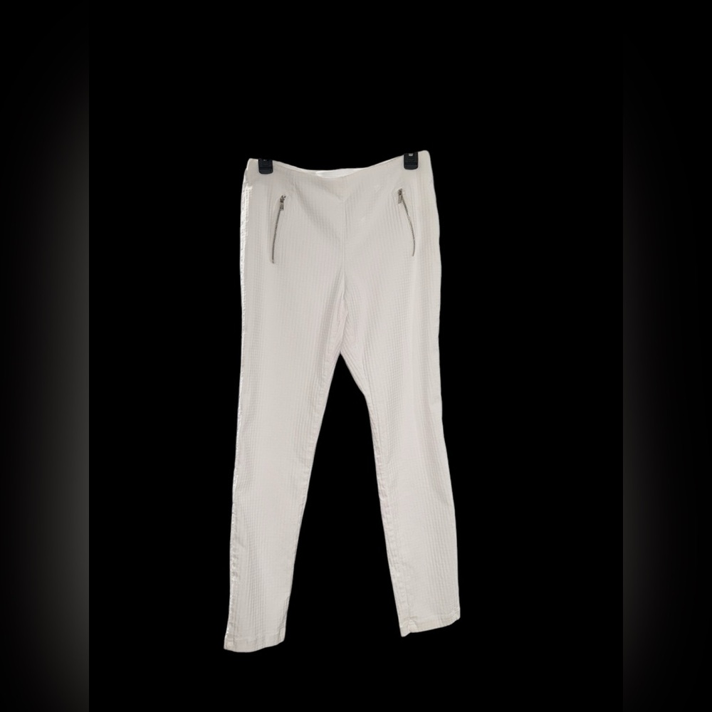 SOLD Calvin Klein White Pull On Stretch Ponte Pants vertical zip pockets Size 10